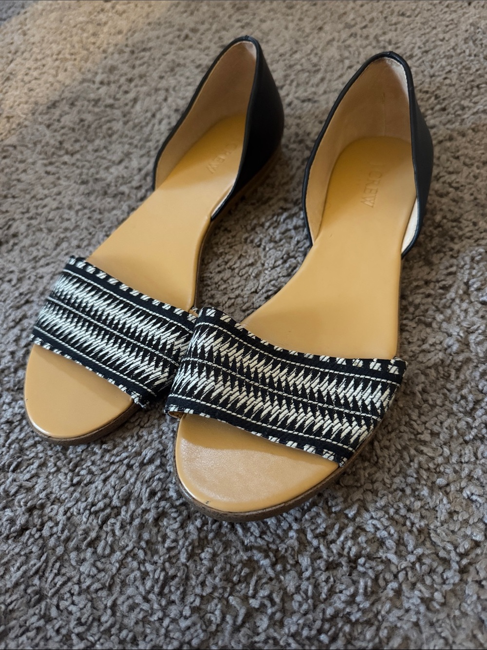 J. Crew Black & Tan Sandals with Patterned Front Strap